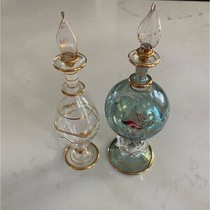 Set of 2 Vintage Egyptian Blown Glass Perfume Bottles Blue/Gold Etched
